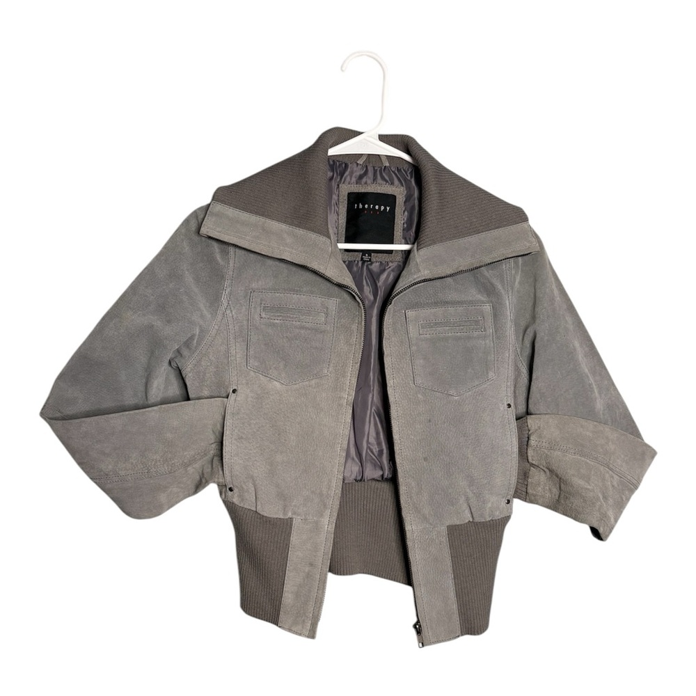Therapy women gray long sleeve genuine 100% leather suede jacket size S